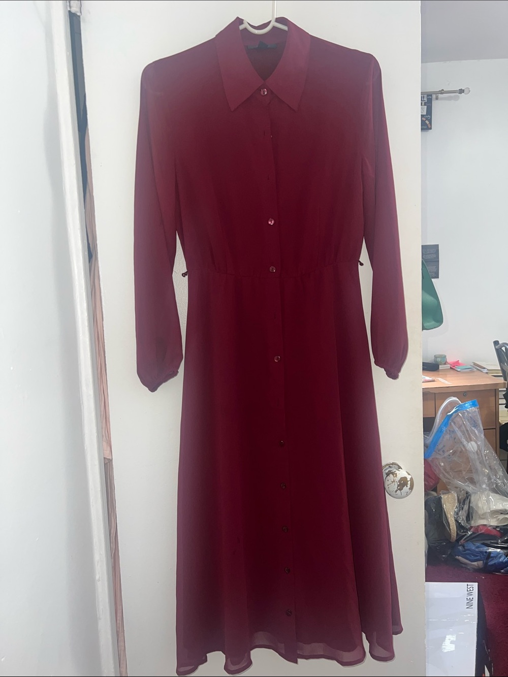 Alfani Long-Sleeve Burgundy Button-Front Dress